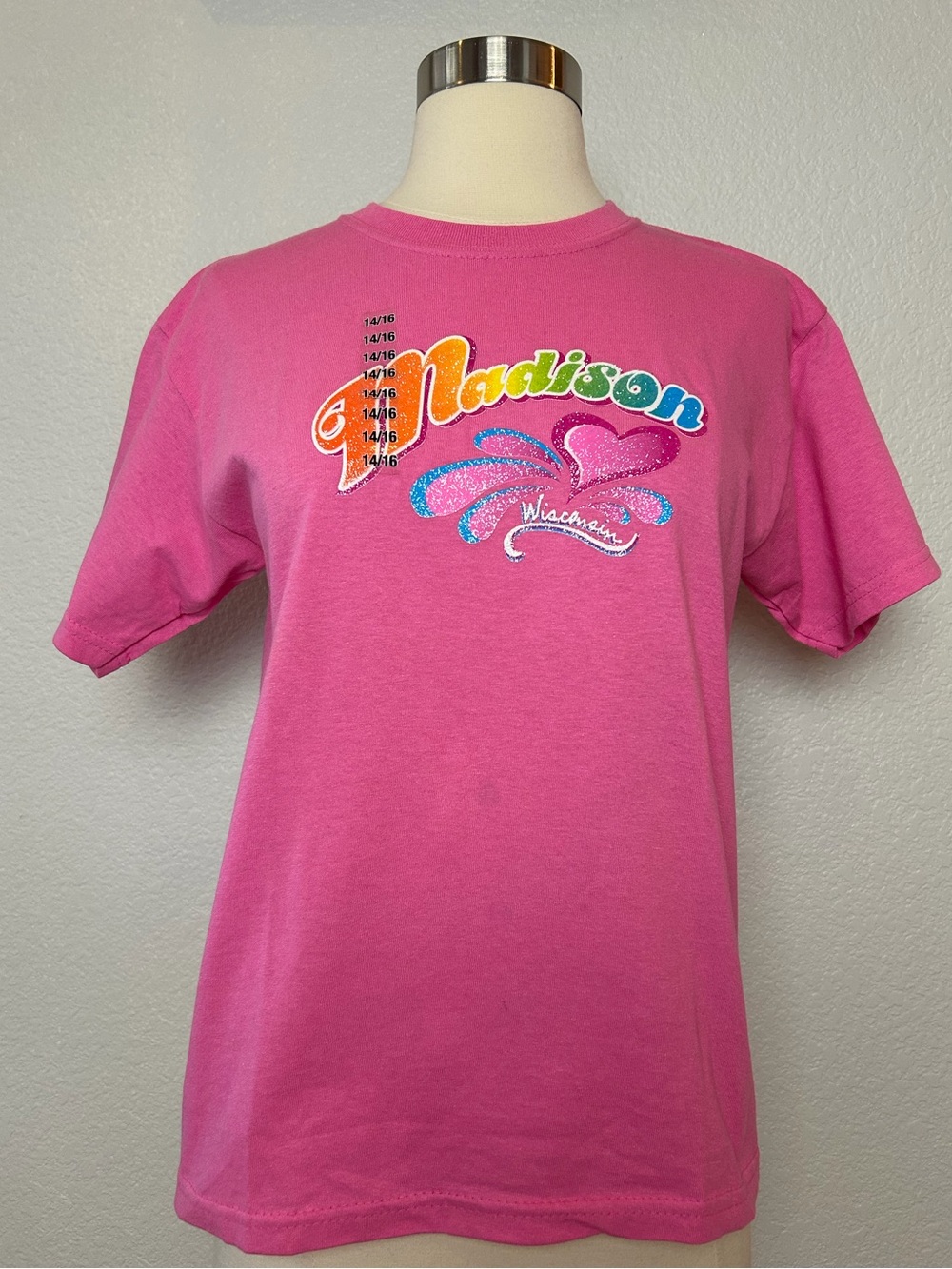 Madison Wisconsin Girls T Shirt Youth L 14/16 Pink Crew Neck Sparkle NWT